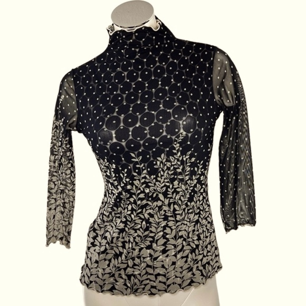 ANAC by Kimi 3/4 Sheer Sleeve Black Tan Floral Lined Top Women's Size S